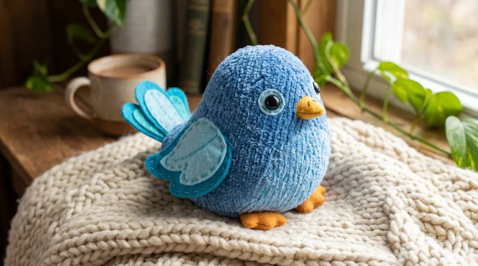 Pássaro azul em estilo de bichinho de pelúcia.