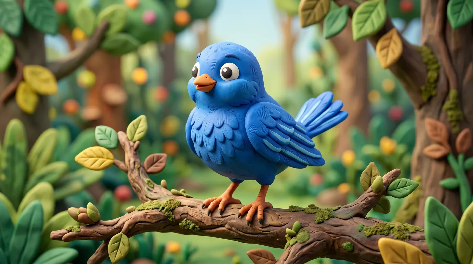 Pássaro azul em estilo claymation de massinha.