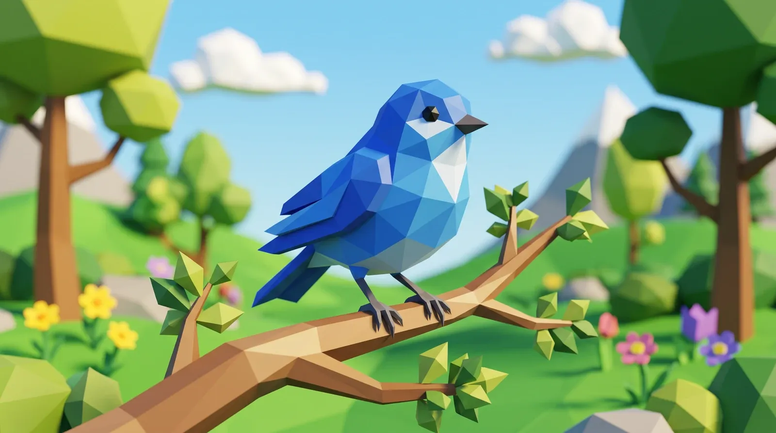 Pássaro azul em estilo low poly facetado.