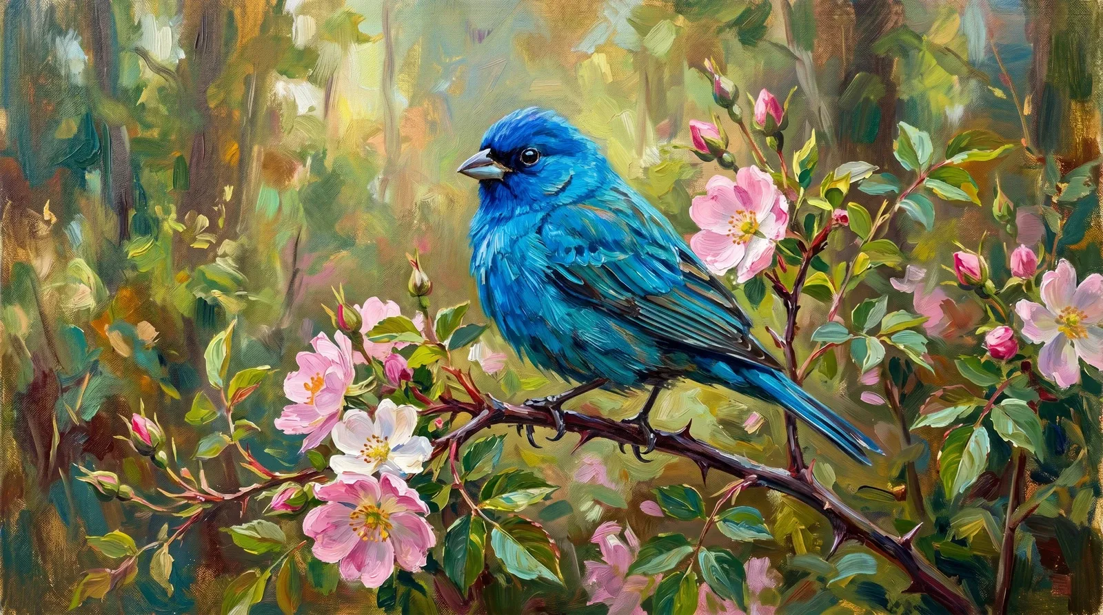 Pássaro azul em pintura a óleo.