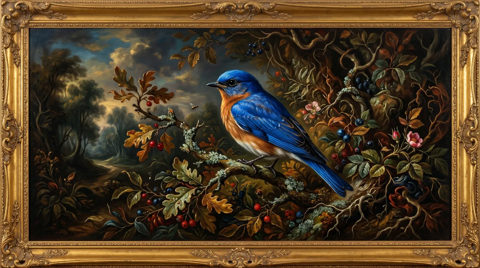 Pássaro azul em pintura barroca com moldura dourada.