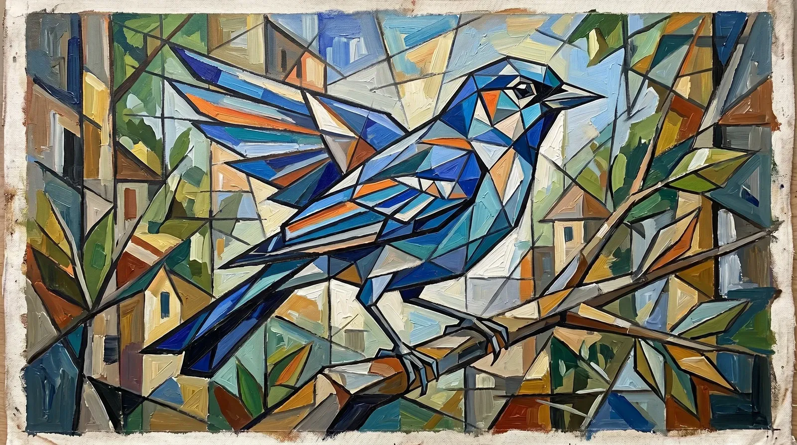 Pássaro azul em cubismo geométrico.