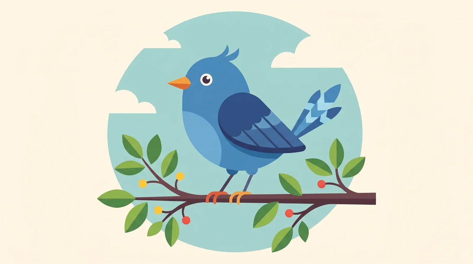 Pássaro azul em flat design chapado.
