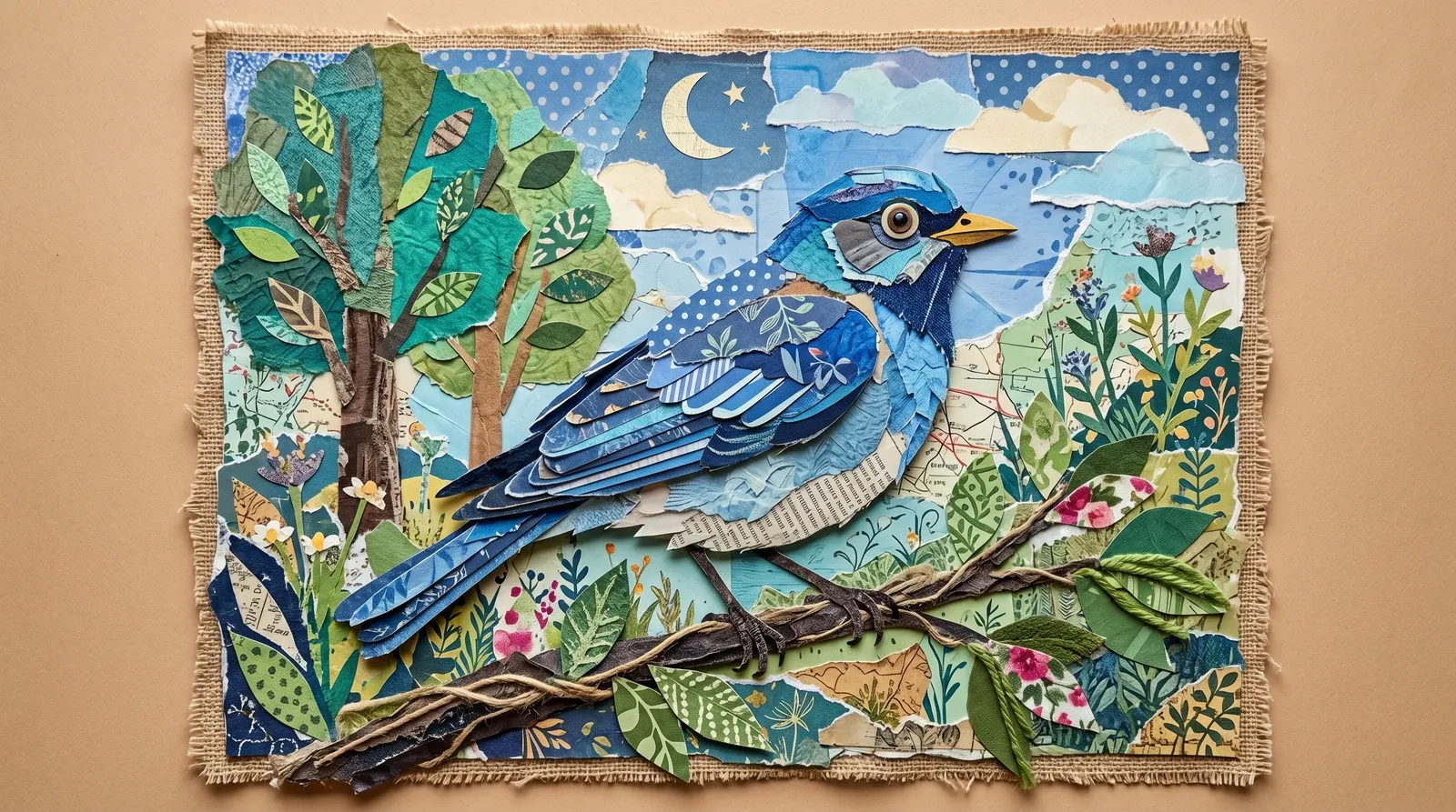 Pássaro azul em colagem de papel.