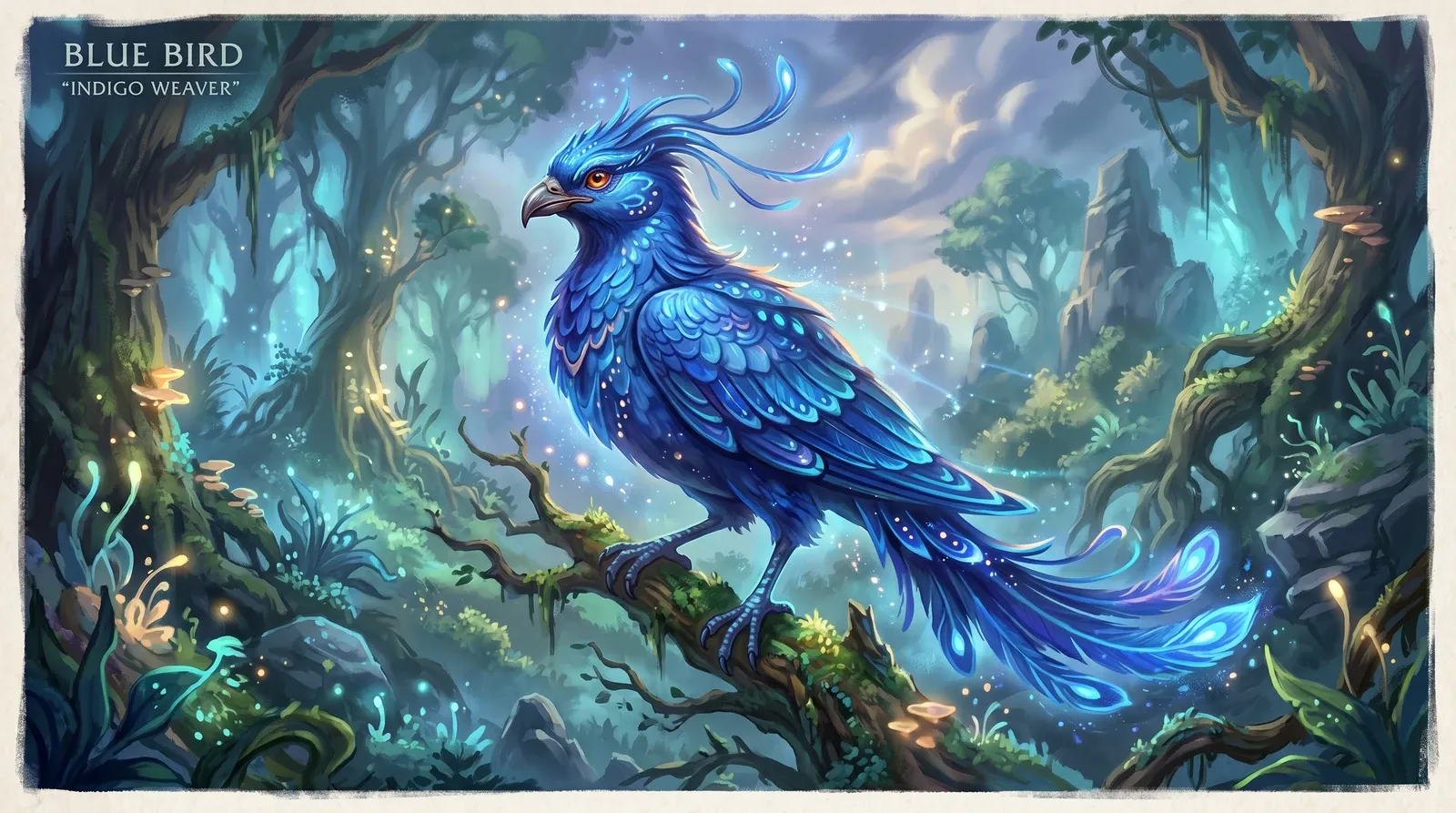 Pássaro azul em concept art atmosférica.