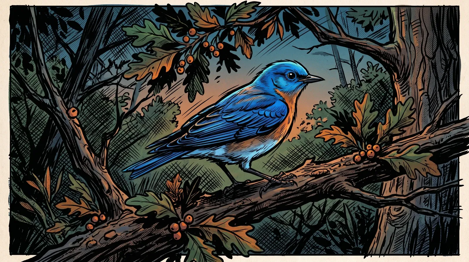 Pássaro azul em estilo graphic novel.