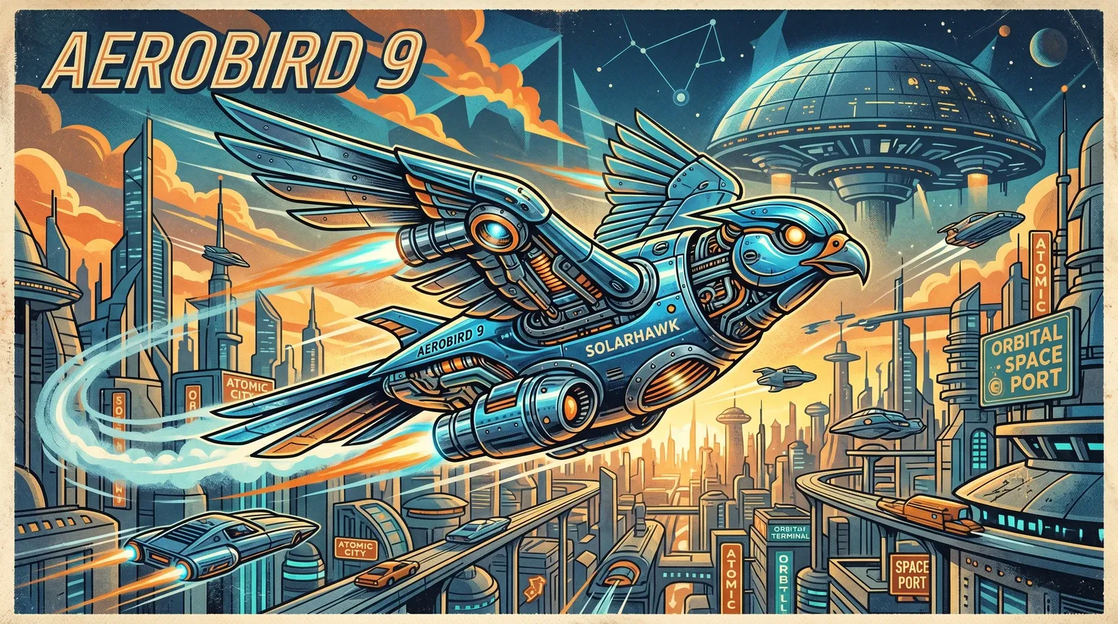 Pássaro azul em estilo retrofuturista.