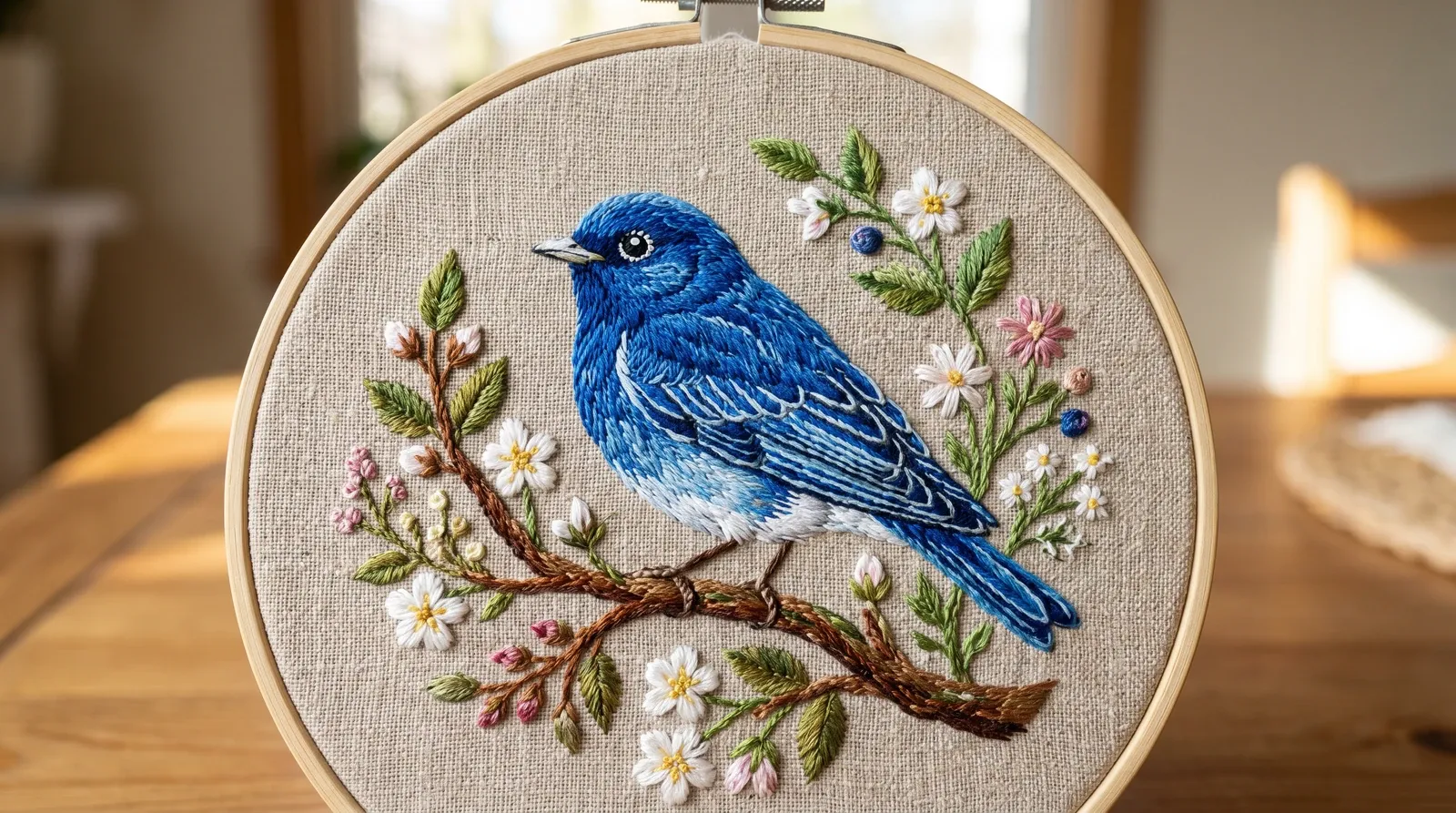 Pássaro azul em bordado de linha.