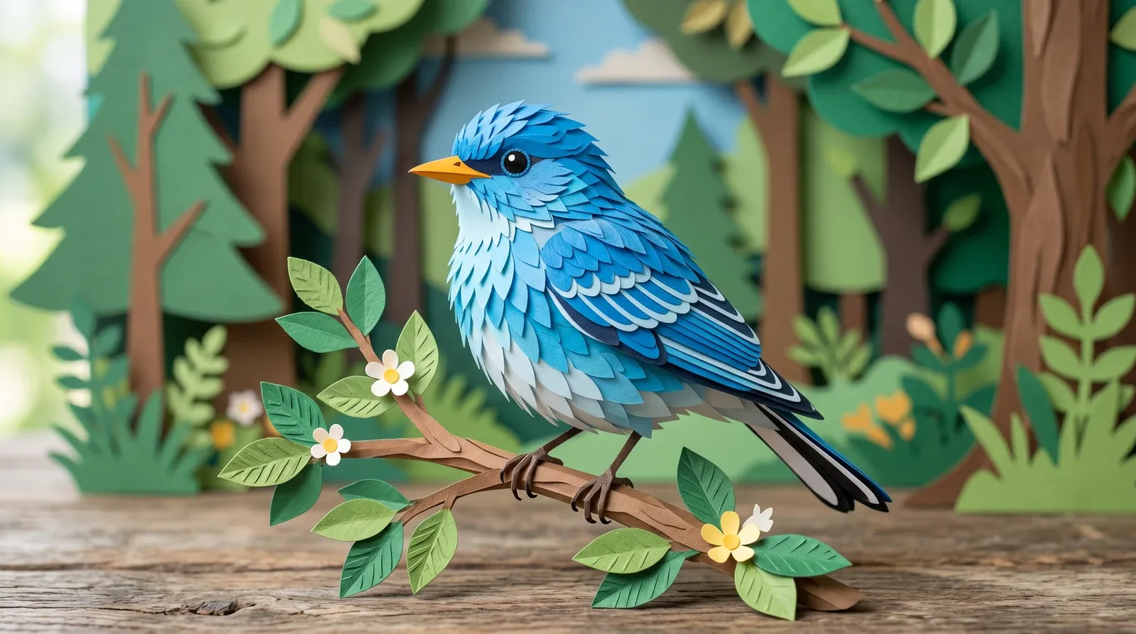 Pássaro azul em papercraft de papel recortado.