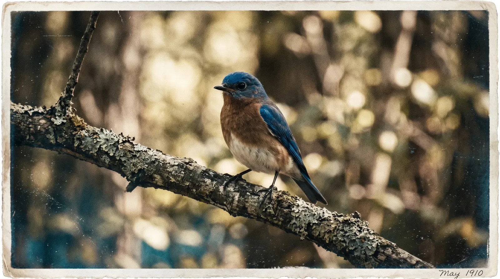 Pássaro azul em fotografia vintage sépia.