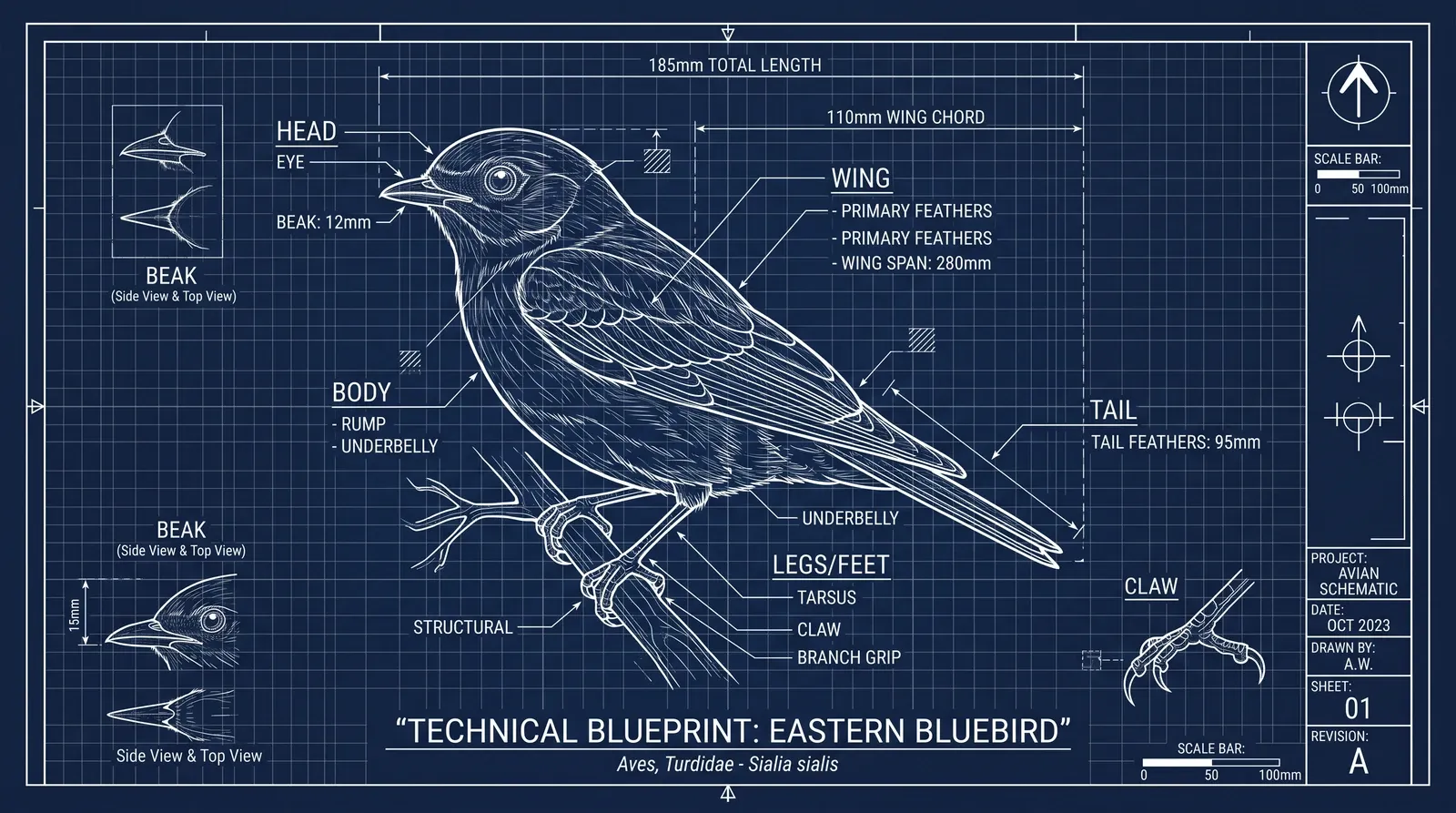 Pássaro azul em estilo blueprint de engenharia.