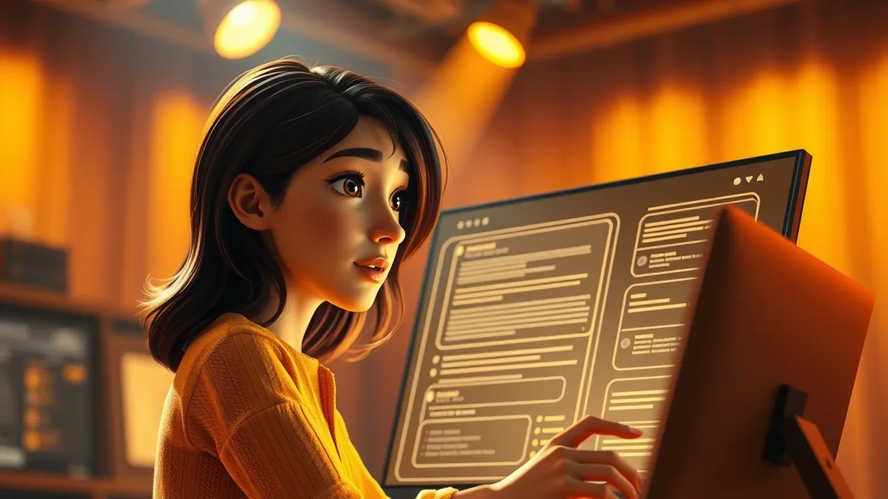 Ilustração estilo Pixar 3D de personagem construindo um assistente de IA com planta de projeto digital e luz dourada representando o método AgentMaker
