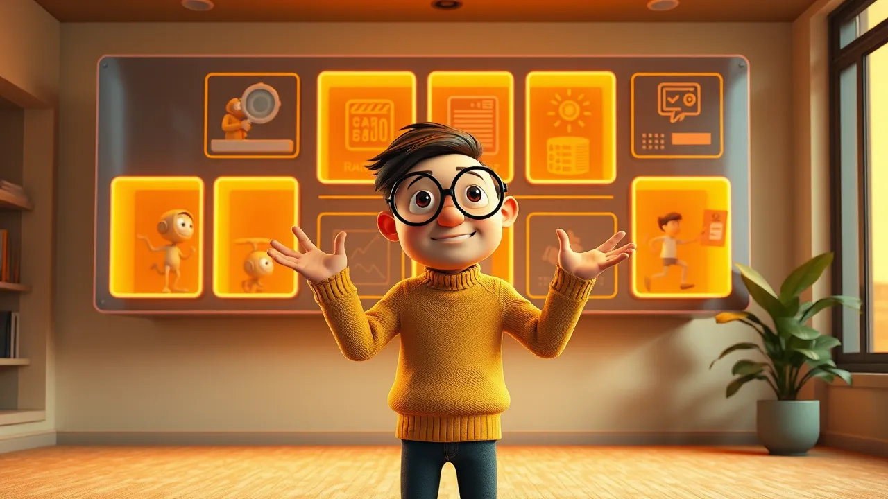 Personagem cartoon coordenando vários agentes IA em painéis flutuantes ao redor, estilo Pixar 3D com luz dourada teatral