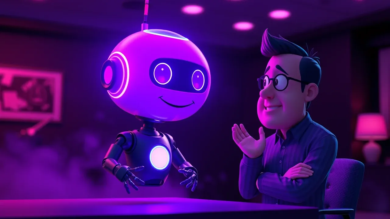 Agente IA cartoon Pixar em recepção de escritório jurídico atendendo cliente com expressão de alívio, orbe violeta glowing, luz dramática