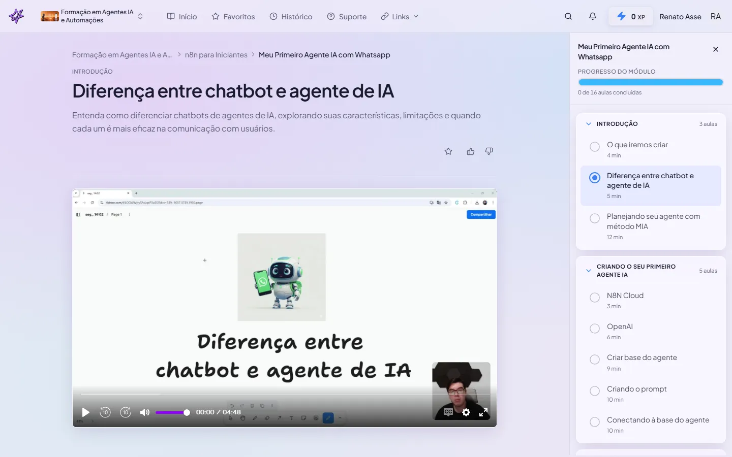 Aula do módulo mostrando o player de vídeo, a descrição da aula e o índice de aulas à direita.
