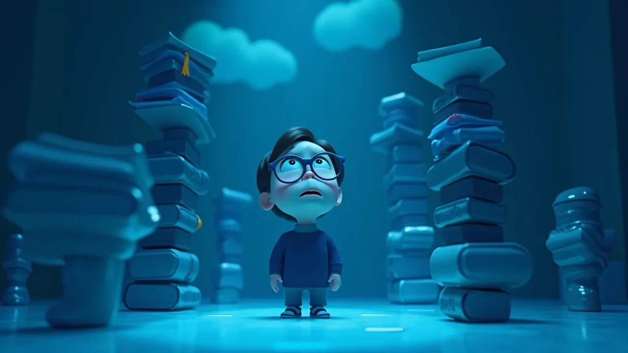 Um personagem Pixar 3D cartunizado olhando para cima, onde letras gigantes formam a palavra PROGRAMAR se fragmentando em partículas de luz azul elétrico, enquanto o personagem ergue as mãos em espanto