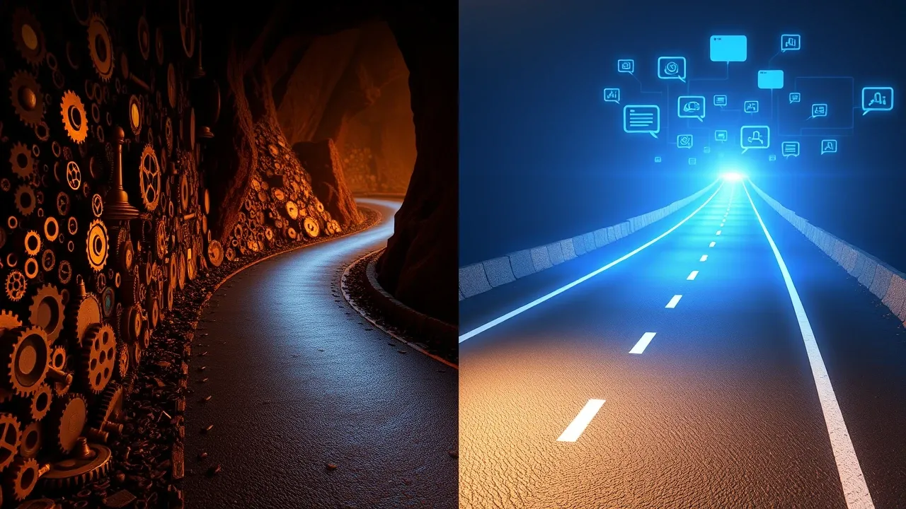 Cena mostrando a diferença entre o caminho antigo de criação de app com código e o caminho atual com IA