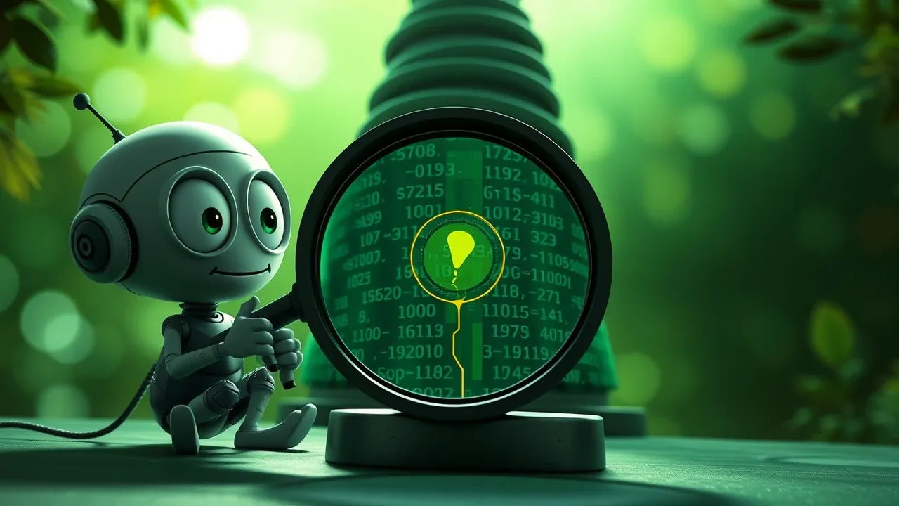 Personagem robótico Pixar 3D com lupa gigante encontrando uma falha numa estrutura de cristal verde representando um sistema de software, luz esmeralda dramática