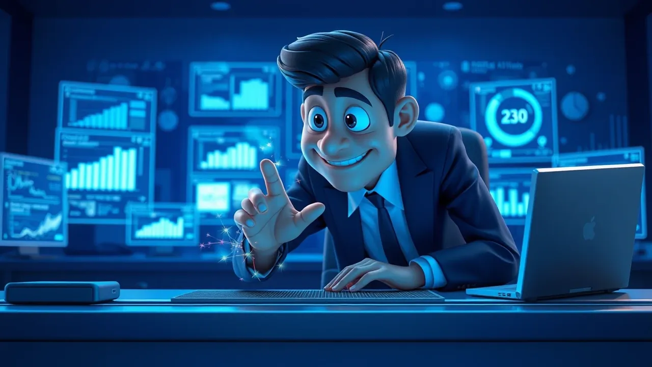 CEO cartoon Pixar em mesa executiva com múltiplas telas holográficas de IA em blue elétrico, postura focada e levemente satisfeita, cenário moderno