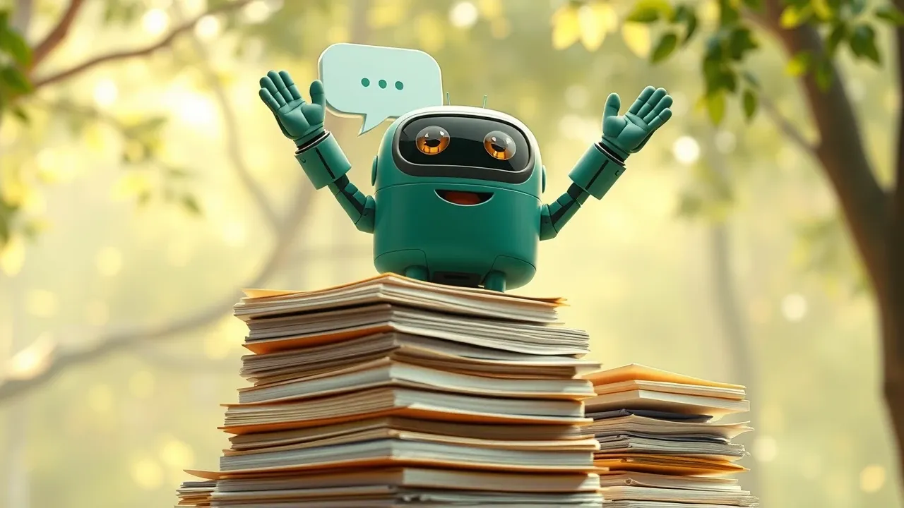 Personagem AI chat Pixar 3D no topo de uma montanha de documentos criados, braços erguidos em triunfo, luz verde emerald dramática