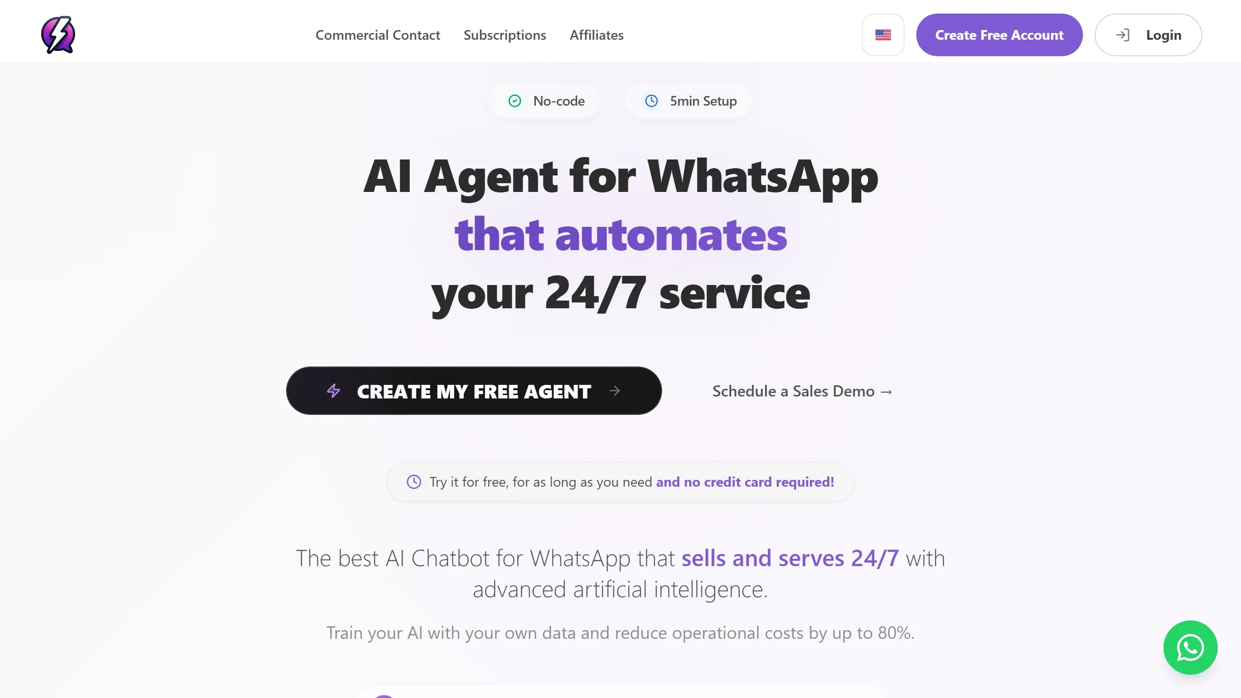 Print da home do ChatVolt mostrando a proposta de agente IA pra WhatsApp no-code