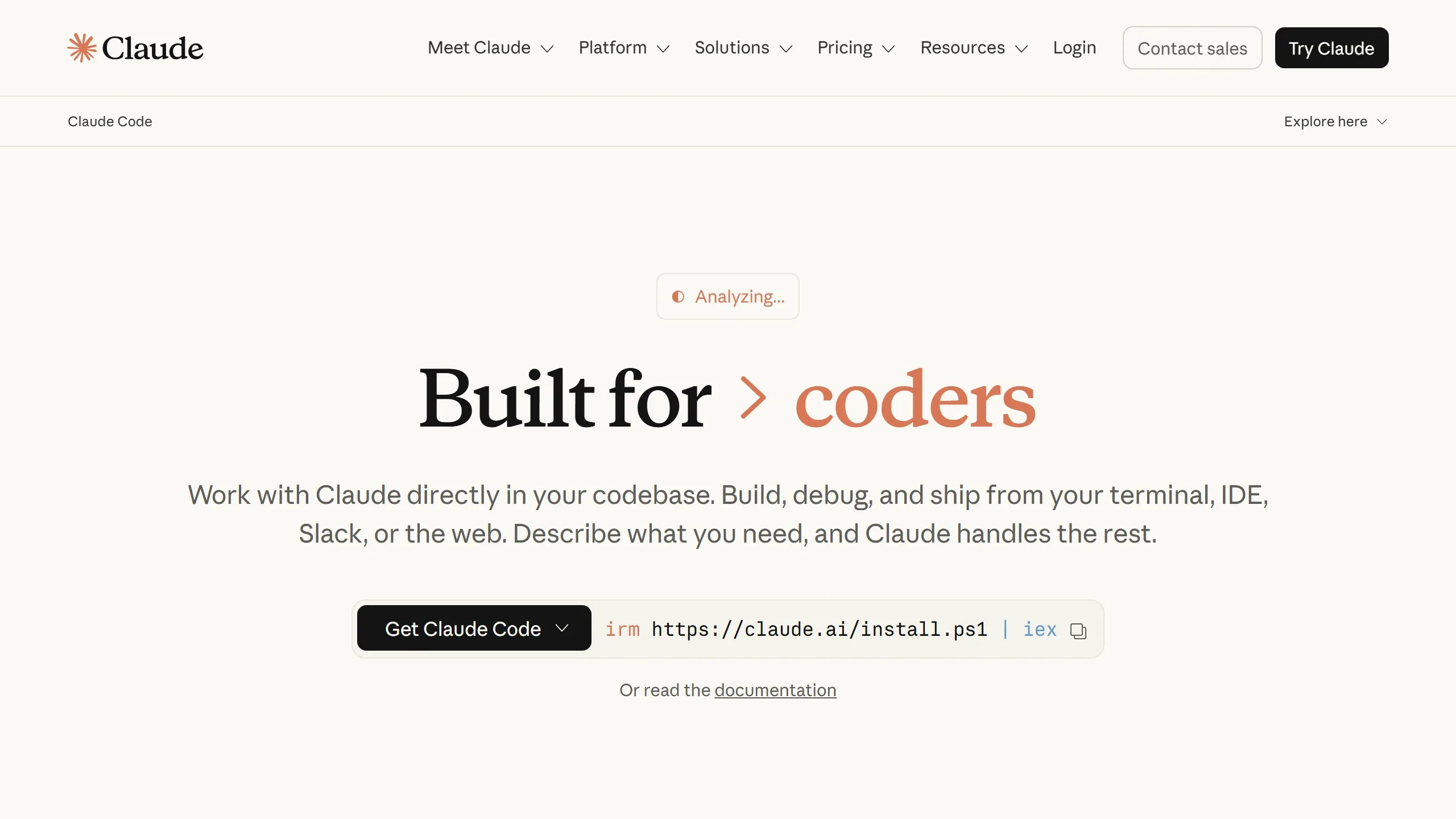 Página do Claude Code na Anthropic, apresentando o agente de terminal para criar e editar código