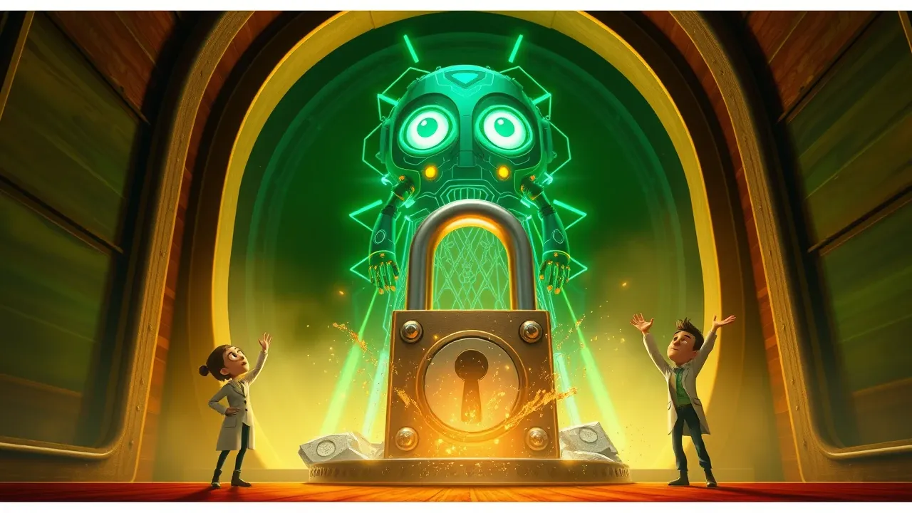 Entidade IA Pixar 3D emergindo de cofre selado com redemoinhos de energia verde esmeralda, personagens cientistas abaixo com expressão de assombro