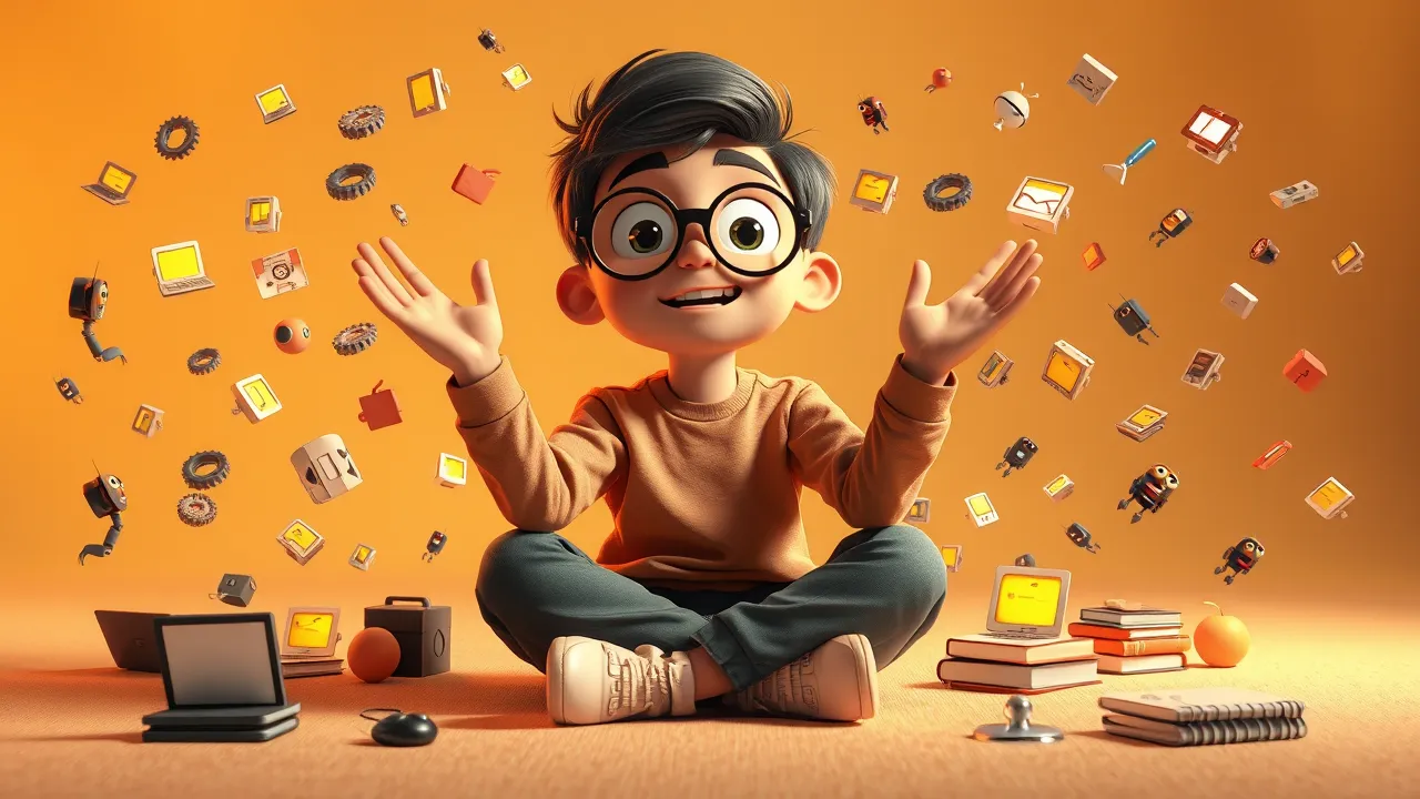 Personagem cartoon jovem com olhos arregalados cercado por ícones flutuantes de várias ferramentas de IA sob luz dourada teatral