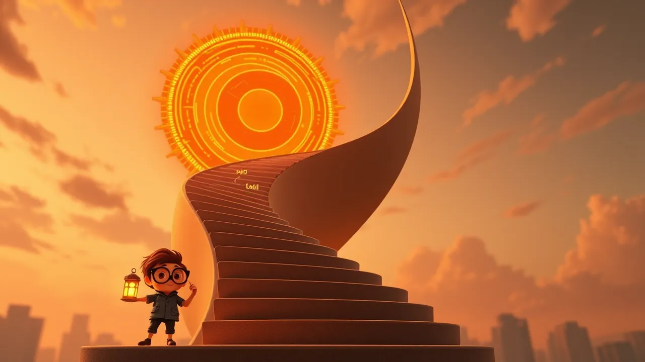 Personagem segurando uma pequena lanterna laranja brilhante iluminando uma escada cartoon que sobe em direção a um sol gigante de IA