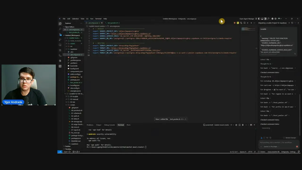 IDE Antigravity/ambiente local executando scripts de migração do Lovable para o Supabase