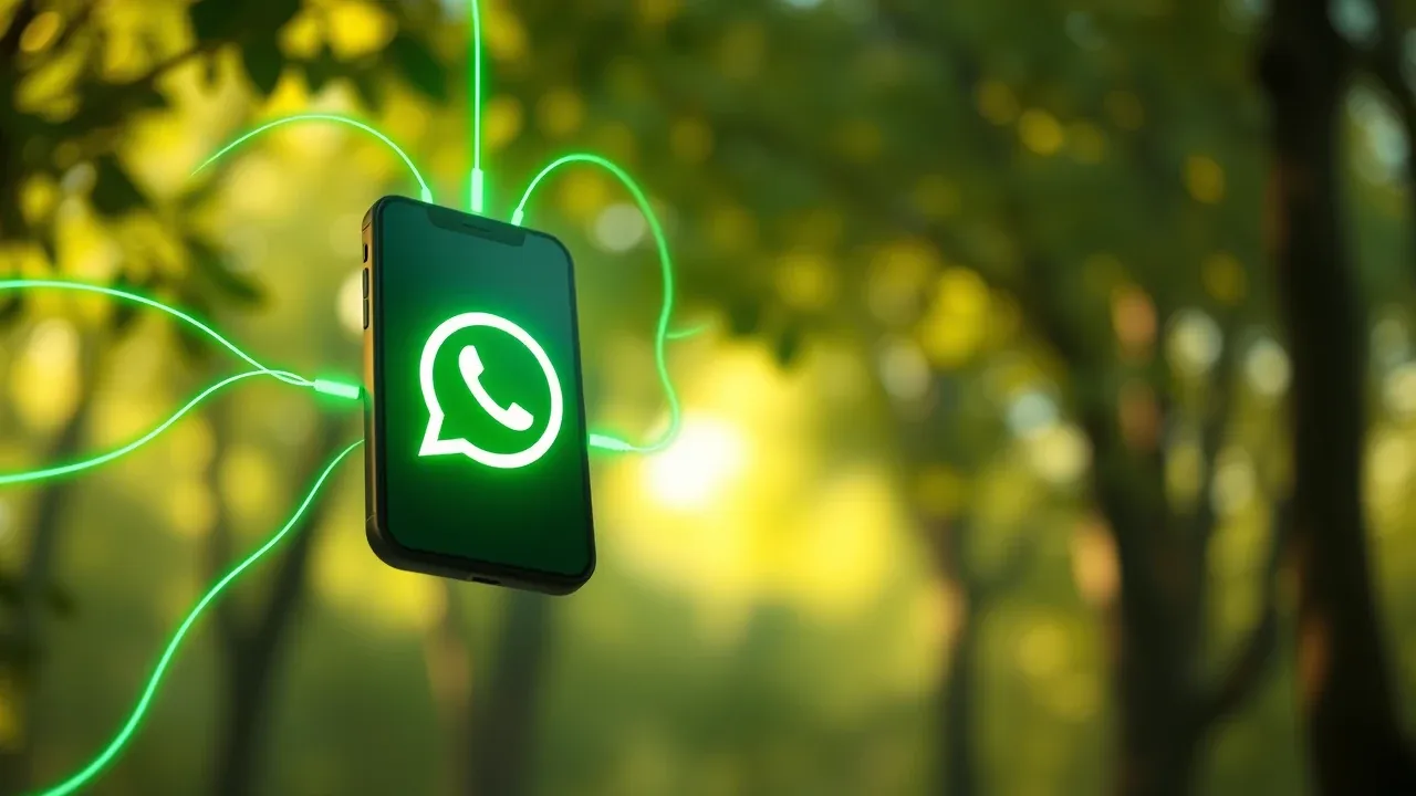 Sistema de conexão 3D com smartphone WhatsApp conectado por linhas de luz verde esmeralda a servidor de automação na nuvem