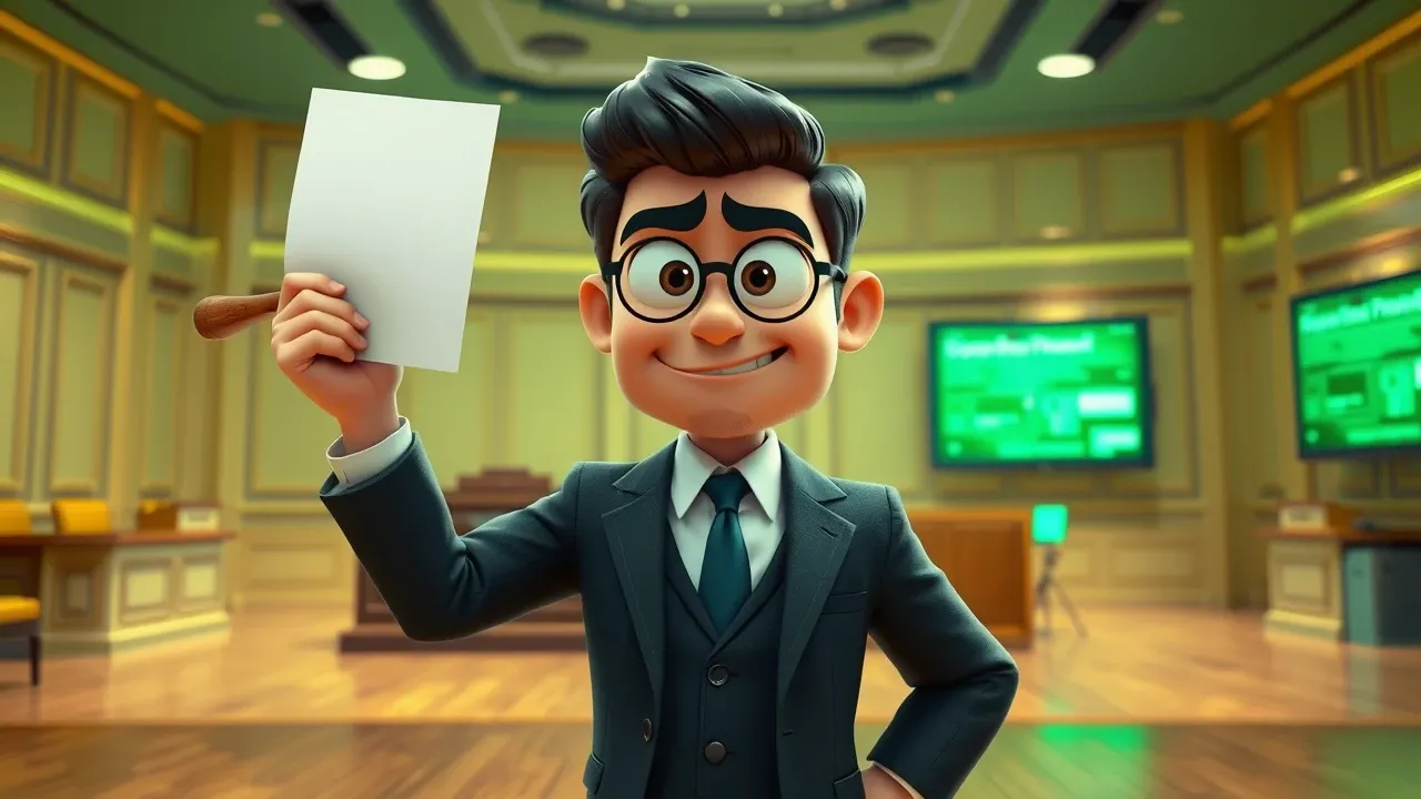 Personagem Pixar 3D dividido entre salão de tribunal com martelo gigante em uma mão e sala de operações com tela verde na outra, expressão cômica de contradição