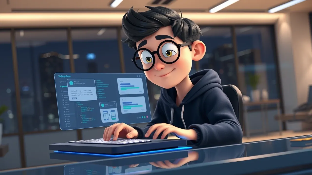 Personagem Pixar 3D com óculos digitando em teclado holográfico com painel de código flutuante na frente, escritório moderno com vista noturna ao fundo