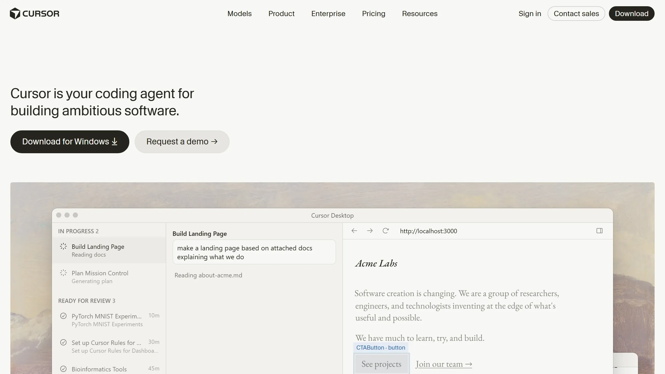 Print da home do Cursor, o editor de código comprado pela SpaceX