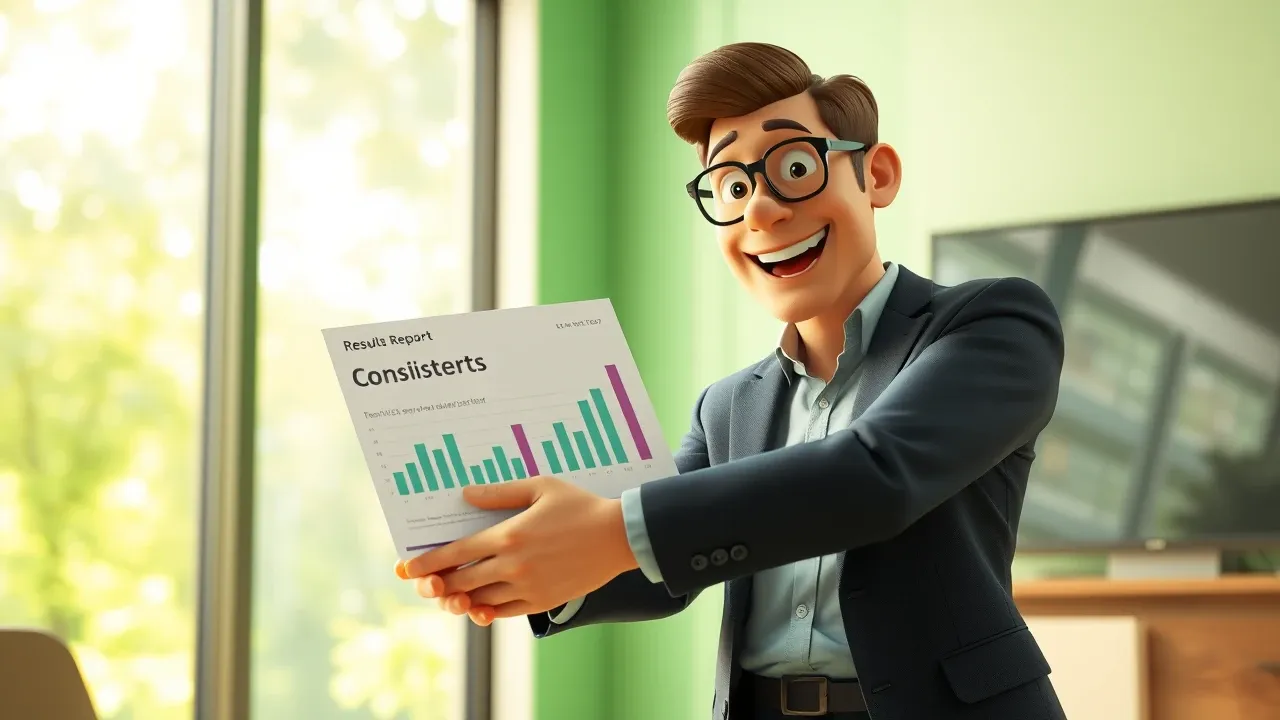 Consultora 3D Pixar apresentando relatório de resultados para cliente satisfeito em sala de reunião verde iluminada