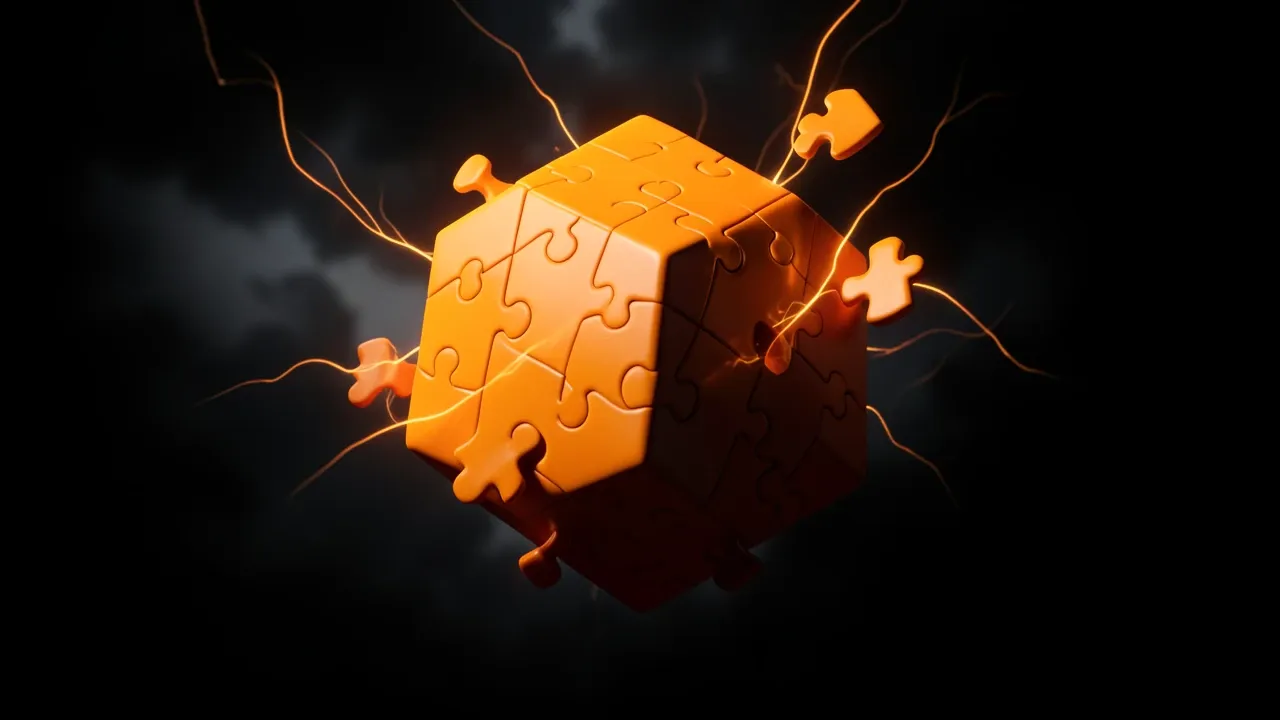 Cubo de quebra-cabeça laranja se reorganizando no ar, metáfora de remodelagem