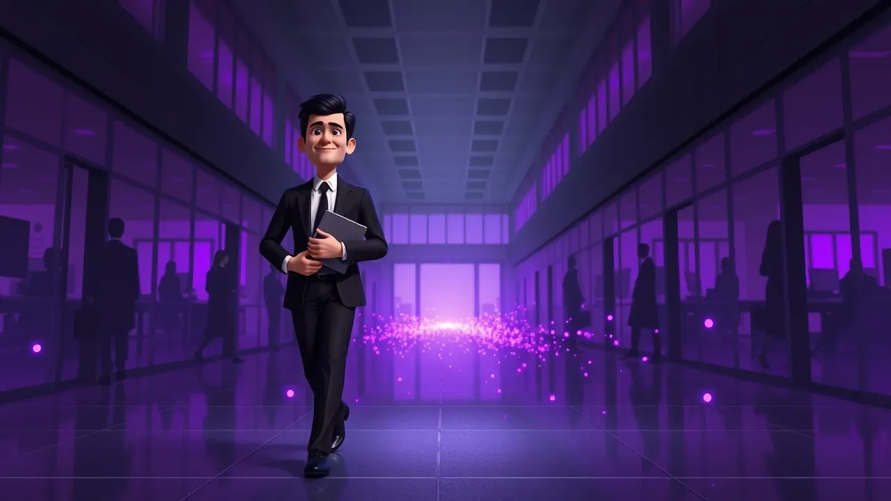 Gestor de IA caminhando pela empresa e acendendo cada departamento com luz violeta de IA