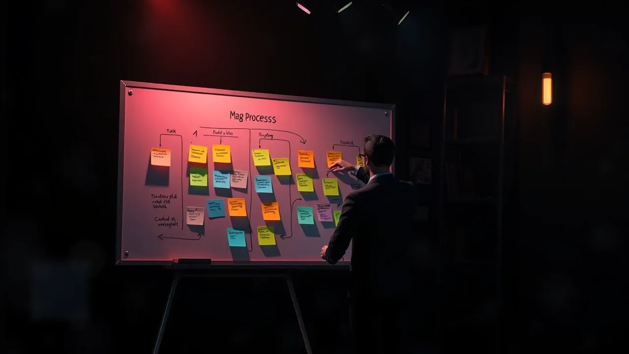 Analista mapeando processos em quadro branco com post-its e fluxos coloridos