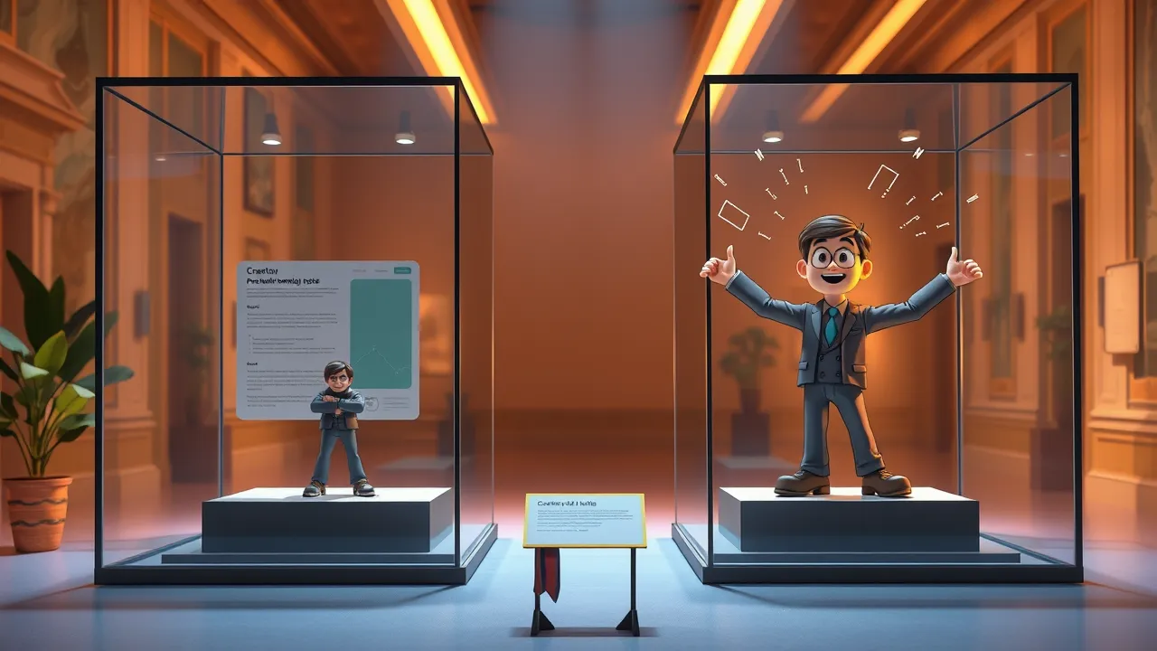 Cena teatral de museu com duas vitrines lado a lado: personagem preso em menus de templates à esquerda, criador em pose heroica com componentes flutuando à direita.