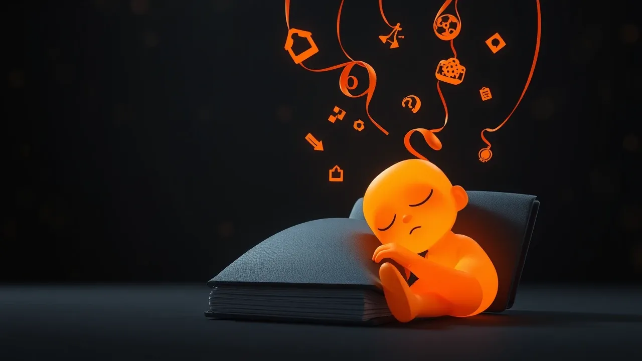 Agente Pixar dormindo encostado num caderno, sonhando notas pro próximo agente