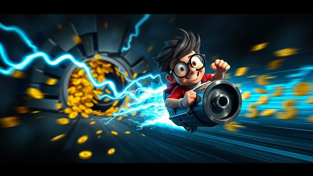 Personagem Pixar em velocidade máxima sobre um raio elétrico cyan com moedas explodindo ao fundo