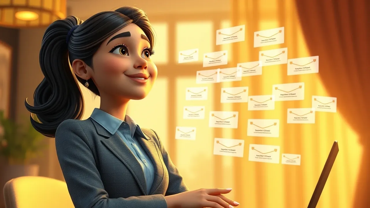 Ilustração de mensagens de follow-up sendo disparadas automaticamente por uma IA no estilo Pixar 3D