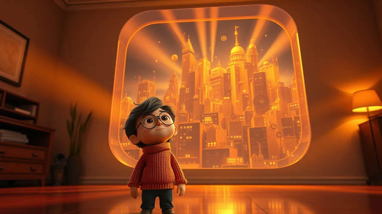 Personagens cartoon olhando uma janela gigante com um repositório de código inteiro flutuando dentro com luz quente dramática