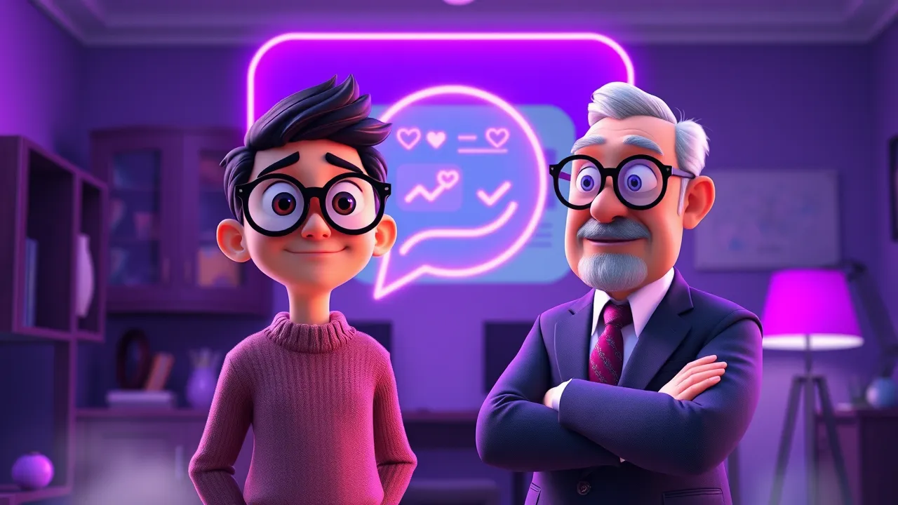 Cena teatral de Gestor de IA cartoon entregando um projeto rodando no WhatsApp pra um cliente empresário com expressão de alívio e satisfação