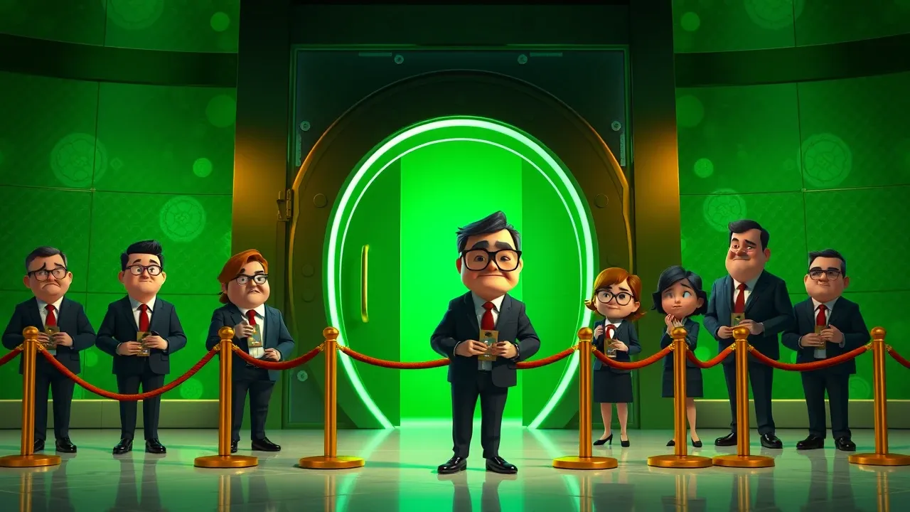 Cena Pixar 3D de executivos aguardando acesso a um cofre emitindo luz esmeralda, apenas os selecionados passando pela corda de veludo