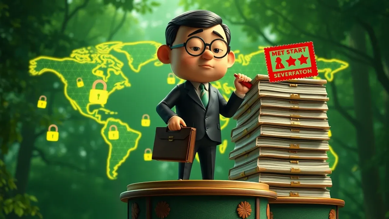 Personagem governamental burocrático em pódio com mapa de conexões globais sendo bloqueadas com cadeados