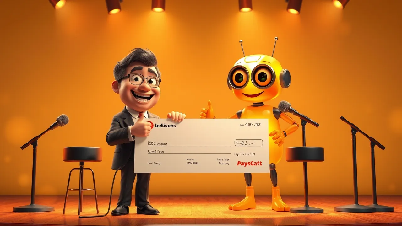 Marc Benioff segurando um cheque gigante e olhando pra um robô laranja num palco de podcast