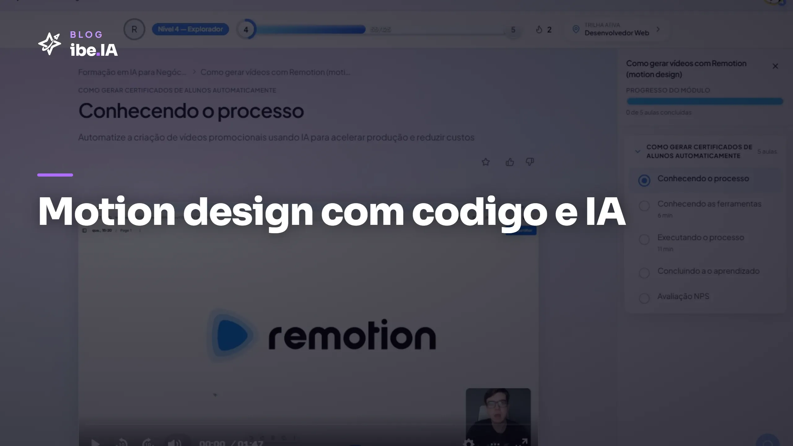 Capa do módulo Vídeos com Remotion na plataforma do ibe.IA com o player de vídeo e o índice de aulas no painel lateral direito.