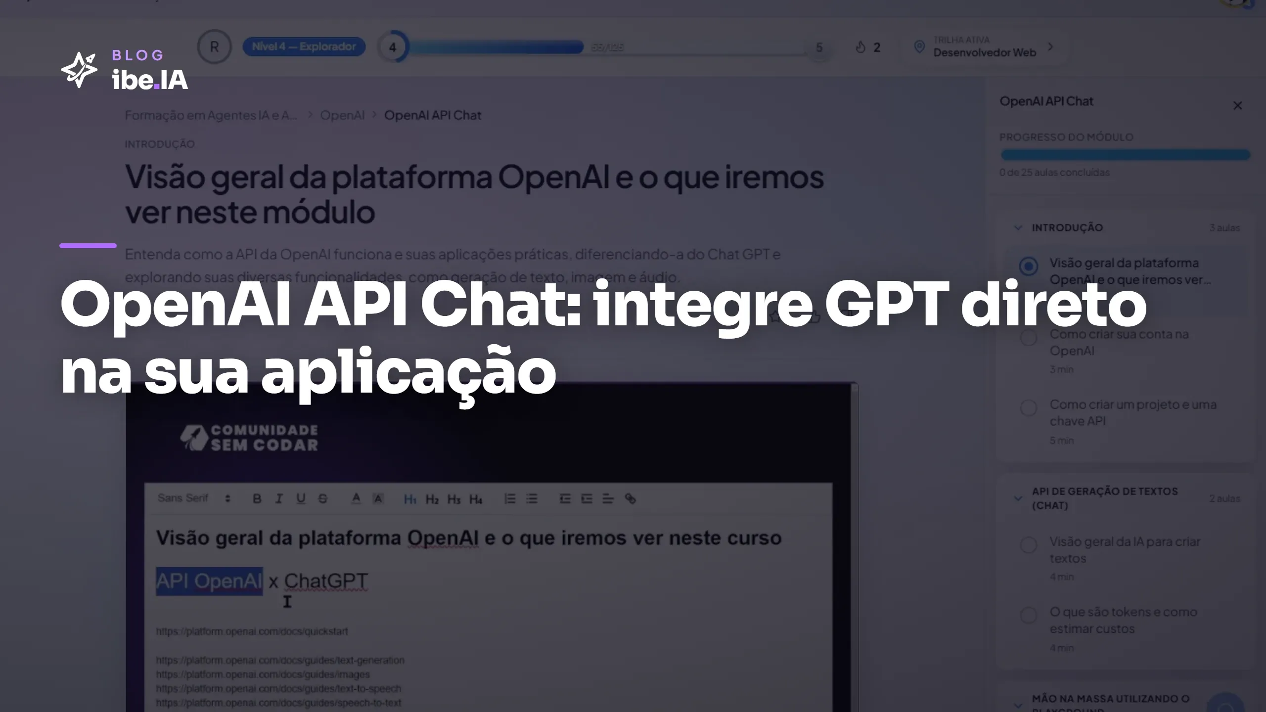 Capa do módulo OpenAI API Chat na plataforma do ibe.IA com o índice das 25 aulas no painel lateral.