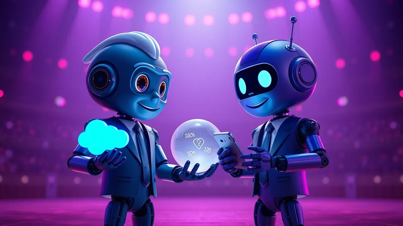 Comparativo visual entre Salesforce Einstein e HubSpot Breeze, dois robôs 3D representando os sistemas de IA de CRM